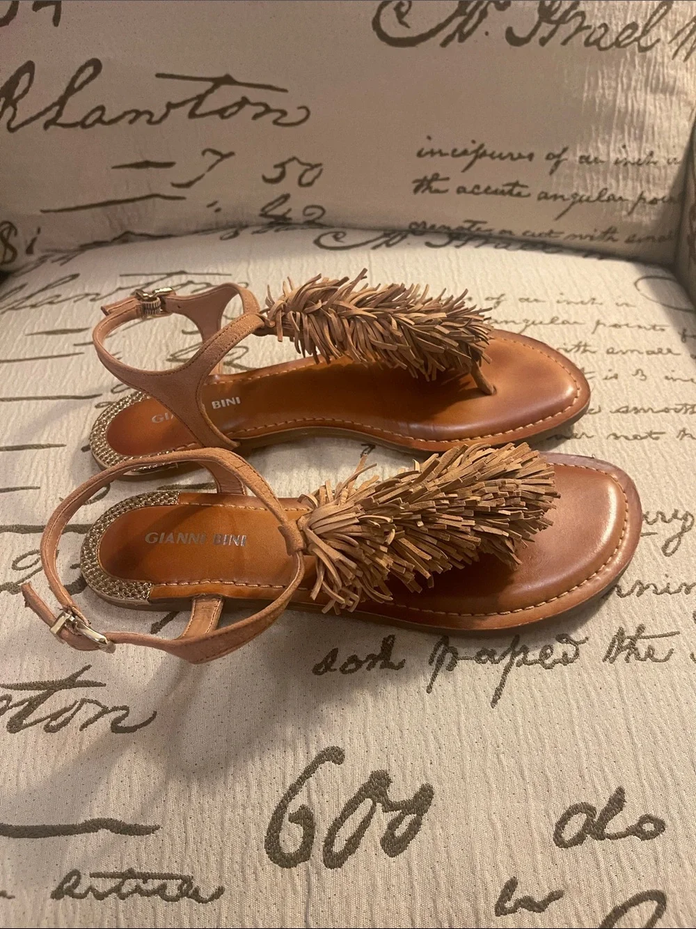 Gianni Bini Tan Fringe T-Strap Sandals with Gold Heel Detail - Picture 4 of 7